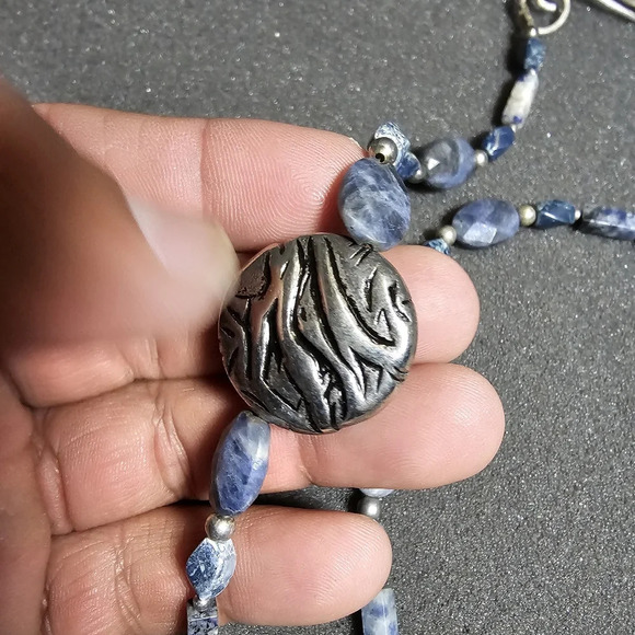 Blue Jasper Beaded Necklace With Silver Tone Greek Key Motif Center Bead 30 In o - Picture 4 of 8